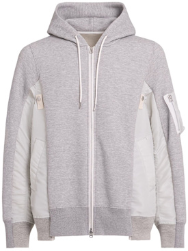 Sacai: Cotton sweat & nylon twill hoodie - L/Grayl/Gray - men_0 | Luisa Via Roma
