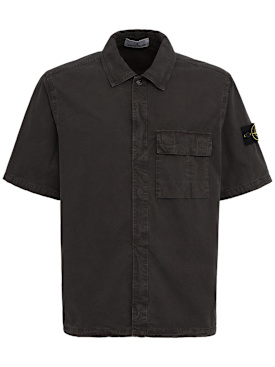 Stone Island: Logo cotton short sleeved shirt - 炭灰色 - men_0 | Luisa Via Roma