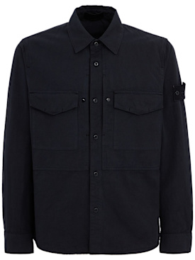 Stone Island: 棉&亚麻衬衫 - 海军蓝 - men_0 | Luisa Via Roma
