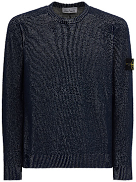 Stone Island: Logo混棉圆领毛衣 - 麻蓝色 - men_0 | Luisa Via Roma