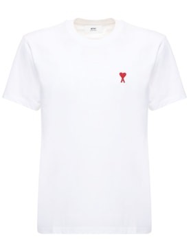 AMI Paris: Embroidered logo cotton jersey t-shirt - Beyaz - men_0 | Luisa Via Roma