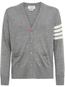Thom Browne: 4-Bar Wool fine knit cardigan - Grey - men_0 | Luisa Via Roma