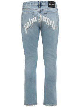 Palm Angels: 17.1cm Logo print cotton denim jeans - Light Blue - men_0 | Luisa Via Roma