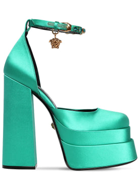Versace: 155毫米Platform绸缎高跟鞋 - 蓝绿色 - women_0 | Luisa Via Roma