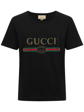 Gucci: Logo印花棉质平纹针织T恤 - 黑色 - men_0 | Luisa Via Roma