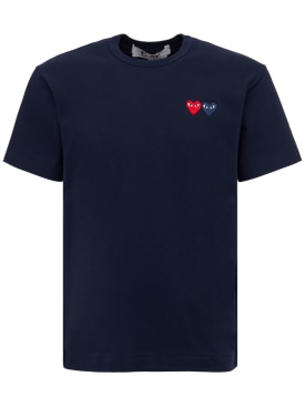 Comme des Garçons Play: Double heart patch cotton jersey t-shirt - Lacivert - men_0 | Luisa Via Roma