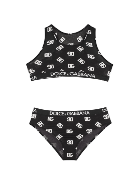 Dolce&Gabbana: Monogram print cotton blend bra & briefs - Black - kids-girls_0 | Luisa Via Roma