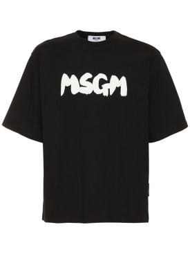 MSGM: Logo印花棉质平纹针织T恤 - 黑色/白色 - men_0 | Luisa Via Roma