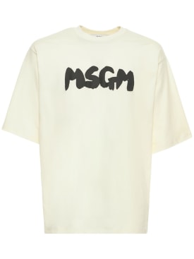 MSGM: Logo印花棉质平纹针织T恤 - 奶油色/黑色 - men_0 | Luisa Via Roma