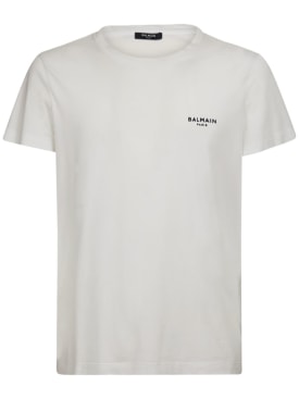 Balmain: Flocked logo organic cotton t-shirt - White - men_0 | Luisa Via Roma