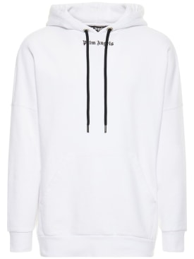 Palm Angels: Sweat en jersey de coton imprimé logo à capuche - Blanc/Noir - men_0 | Luisa Via Roma