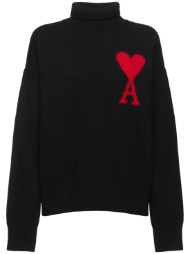 AMI Paris: Logo felted wool funnel neck sweater - Siyah/Kırmızı - women_0 | Luisa Via Roma