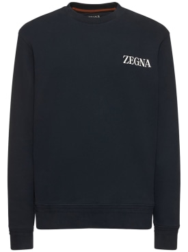 Zegna: Cotton crewneck sweatshirt - Navy - men_0 | Luisa Via Roma