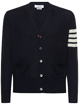 Thom Browne: 4-Bar Wool fine knit cardigan - Navy - men_0 | Luisa Via Roma