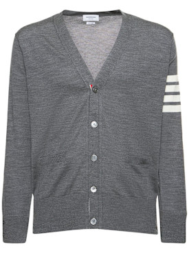 Thom Browne: 4-Bar Wool fine knit cardigan - Med Grey - men_0 | Luisa Via Roma