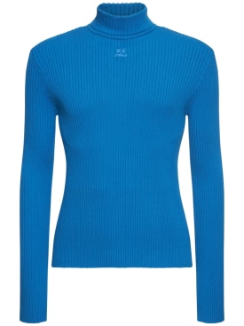 Courreges: Sweat-shirt en maille côtelé à col montant - Bleu - men_0 | Luisa Via Roma