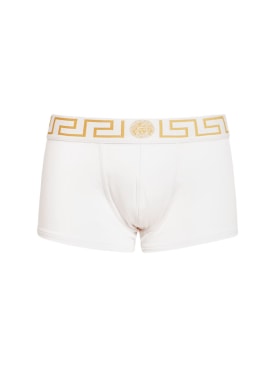 Versace: Greca logo stretch cotton boxers - White/Gold - men_0 | Luisa Via Roma