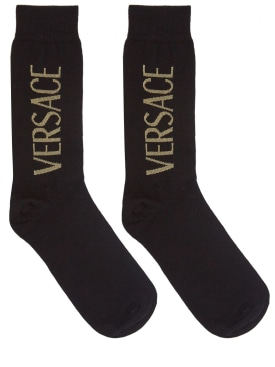 Versace: Chaussettes en coton mélangé à logo - Noir/Or - men_0 | Luisa Via Roma