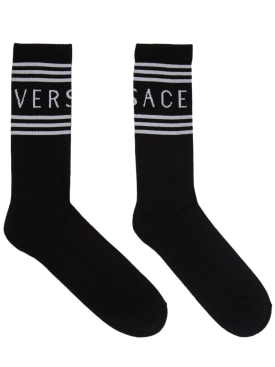 Versace: Sponge logo cotton blend socks - Siyah/Beyaz - men_0 | Luisa Via Roma