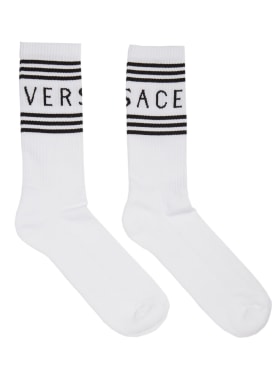 Versace: Sponge logo cotton blend socks - White/Black - men_0 | Luisa Via Roma