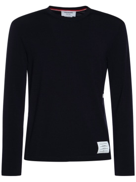 Thom Browne: 4 bar wool crewneck sweater - Navy - men_0 | Luisa Via Roma