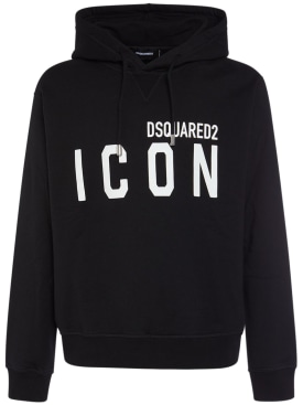 Dsquared2: Printed logo cotton hooded sweatshirt - Black/White - men_0 | Luisa Via Roma