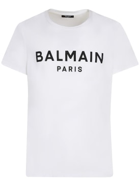 Balmain: T-shirt en coton imprimé - Blanc/Noir - men_0 | Luisa Via Roma