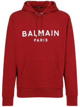 Balmain: Logo printed cotton hoodie - Bordeaux - men_0 | Luisa Via Roma