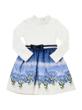 Monnalisa: Flower print brocade midi dress w/ belt - White/Blue - kids-girls_0 | Luisa Via Roma