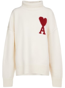 AMI Paris: Red Ami De Coeur wool turtleneck sweater - White - women_0 | Luisa Via Roma