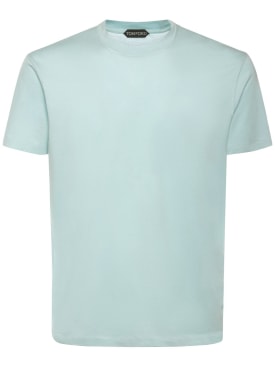 Tom Ford: T-shirt en coton mélangé à col ras-du-cou - Crystal Blue - men_0 | Luisa Via Roma
