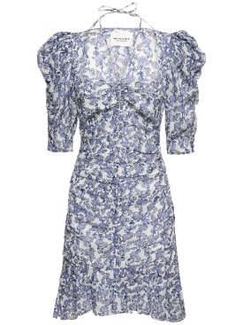Marant Etoile: Galdino puff sleeve cotton mini dress - Blue/Multi - women_0 | Luisa Via Roma