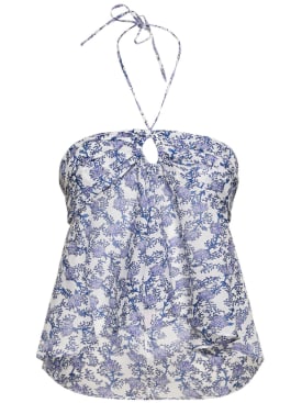 Marant Etoile: Gabao floral print cotton top w/ ruffles - Blue/Multi - women_0 | Luisa Via Roma