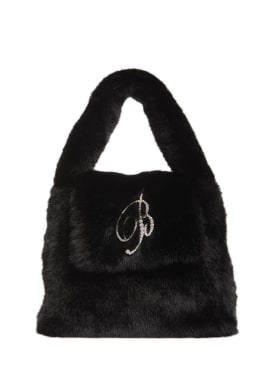 Blumarine: Logo faux fur top handle bag - Siyah - women_0 | Luisa Via Roma
