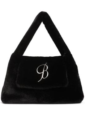 Blumarine: Grand sac porté épaule en fausse fourrure à logo - Noir - women_0 | Luisa Via Roma