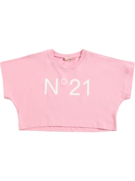 N°21: Logo print cropped cotton jersey t-shirt - Rosa - kids-girls_0 | Luisa Via Roma