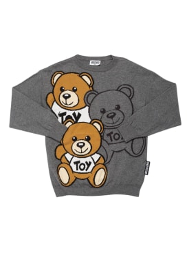 Moschino: Wool & cotton knit sweater w/logo - Grey - kids-boys_0 | Luisa Via Roma