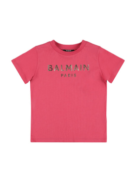 Balmain: Camiseta de jersey de algodón orgánico con logo - Fucsia - kids-girls_0 | Luisa Via Roma