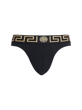 Versace Underwear: Logo stretch jersey briefs - Black/Gold - men_0 | Luisa Via Roma
