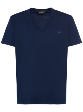 Dsquared2: T-shirt in jersey di cotone / scollo a V - Blu Navy - men_0 | Luisa Via Roma