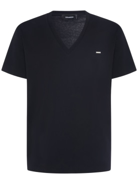 Dsquared2: T-shirt col en V en jersey de coton à logo - Noir - men_0 | Luisa Via Roma