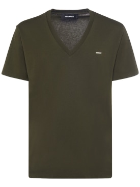 Dsquared2: V-neck logo cotton jersey t-shirt - Military Green - men_0 | Luisa Via Roma