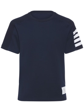 Thom Browne: Cotton ss t-shirt w/ 4 bar stripe - Navy - men_0 | Luisa Via Roma