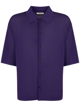 Lemaire: Cotton knit s/s polo shirt - Purple - men_0 | Luisa Via Roma