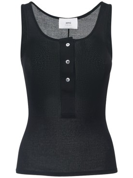 AMI Paris: Tank top de algodón jersey acanalado - Negro - women_0 | Luisa Via Roma