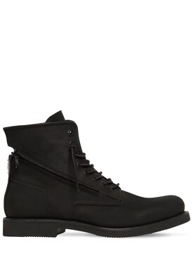 SCHNÜRSTIEFEL AUS GUMMIERTEM LEDER 20mm Trekkingstiefel Aus Wildleder & Shearling