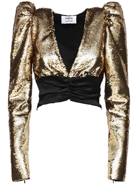 Amen - Puff sleeves sequined satin top 