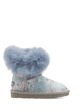 Monnalisa - Botas de piel con estampado floral y pelo - Azul Claro |  Luisaviaroma