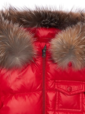 red moncler coat with fur hood