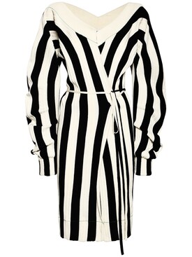 Striped linen blend rib knit wrap dress ...